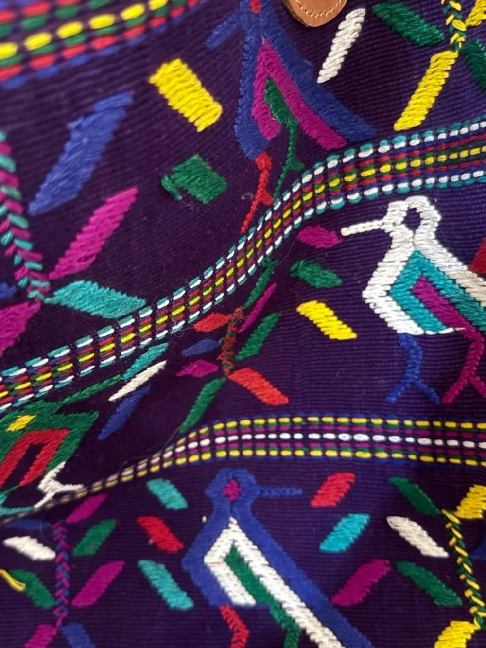 Purple Hand Embroidered Tote with Tan Leather Trim and Multicolor Pattern